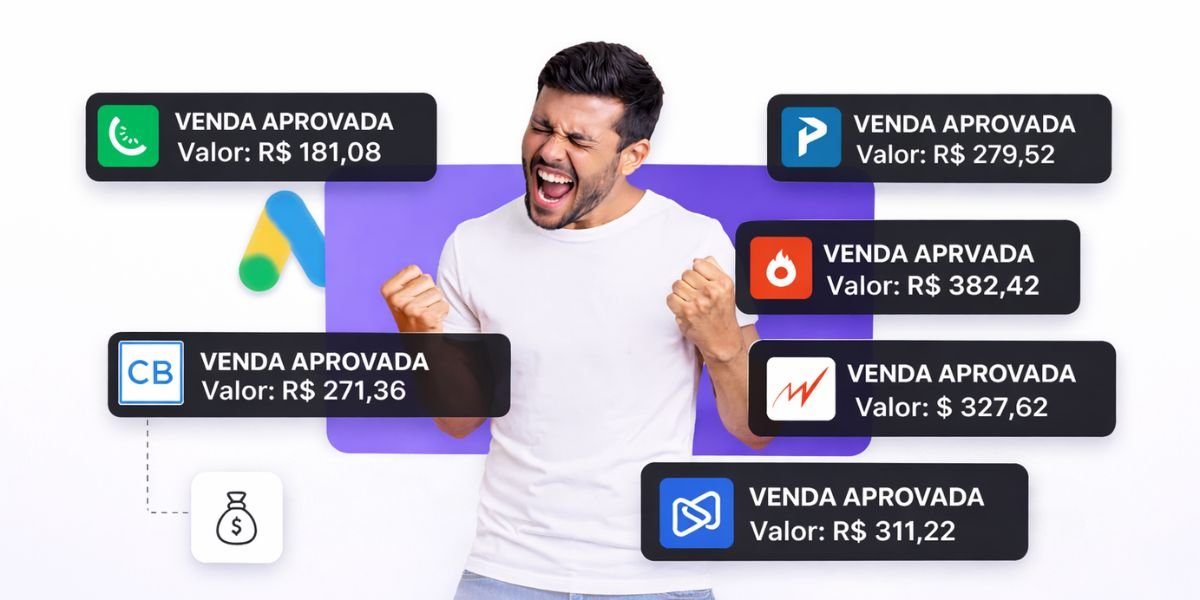 Homem comemorando vendas aprovadas com notificações de valores em reais ao redor e fundo com referência ao Google Ads.