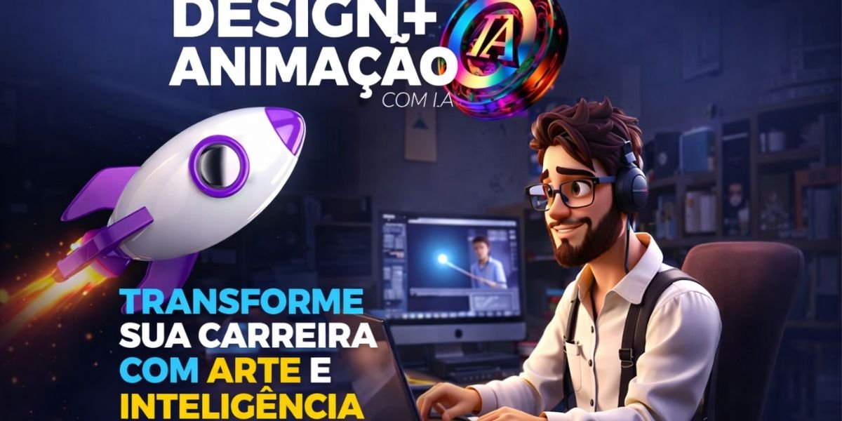Banner do curso Design e Animação com IA mostrando criador trabalhando com arte digital e inteligência artificial