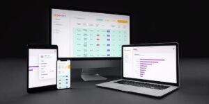 Dashboard da plataforma GoHacks exibido em desktop, notebook, tablet e smartphone no site oficial