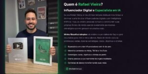 Rafael Vieira especialista em inteligência artificial e criador do curso Criando Influencer AI 2.0 segurando placas do YouTube.