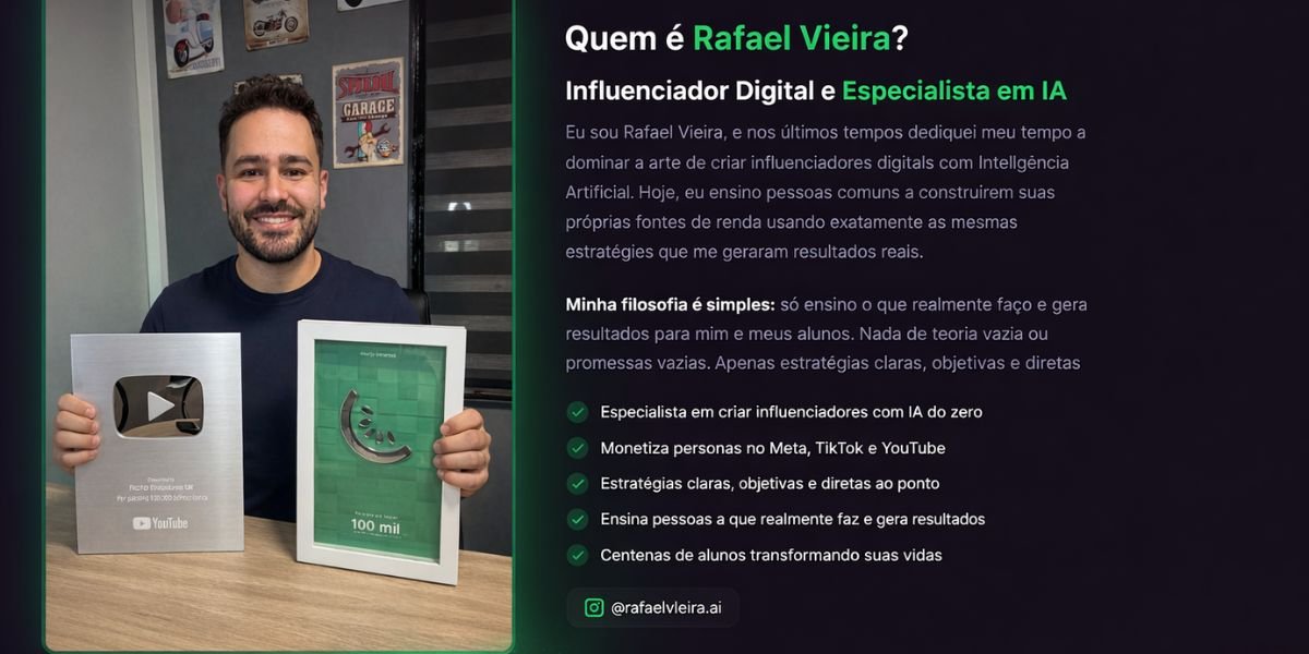 Rafael Vieira especialista em inteligência artificial e criador do curso Criando Influencer AI 2.0 segurando placas do YouTube.