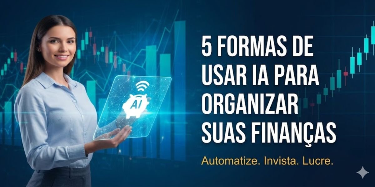 Uma mulher profissional operando uma interface digital que mostra gráficos e um cofrinho com o símbolo de IA, representando formas de usar inteligência artificial para organizar as finanças.