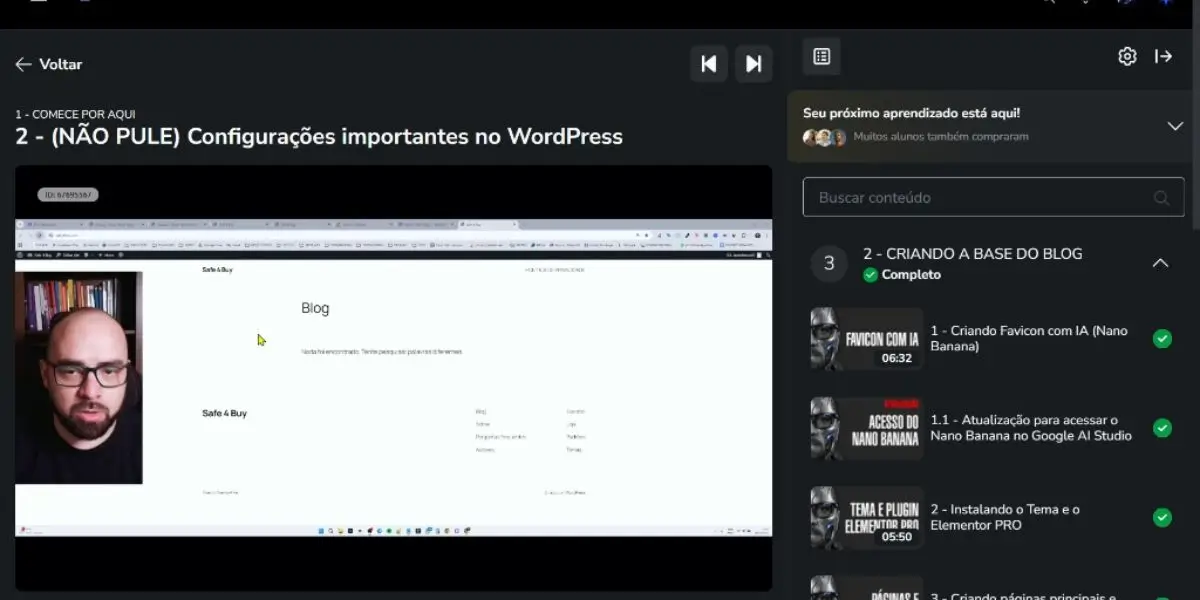 Interface interna da área de membros do curso ARIA Artigo Review com IA mostrando as aulas de WordPress.