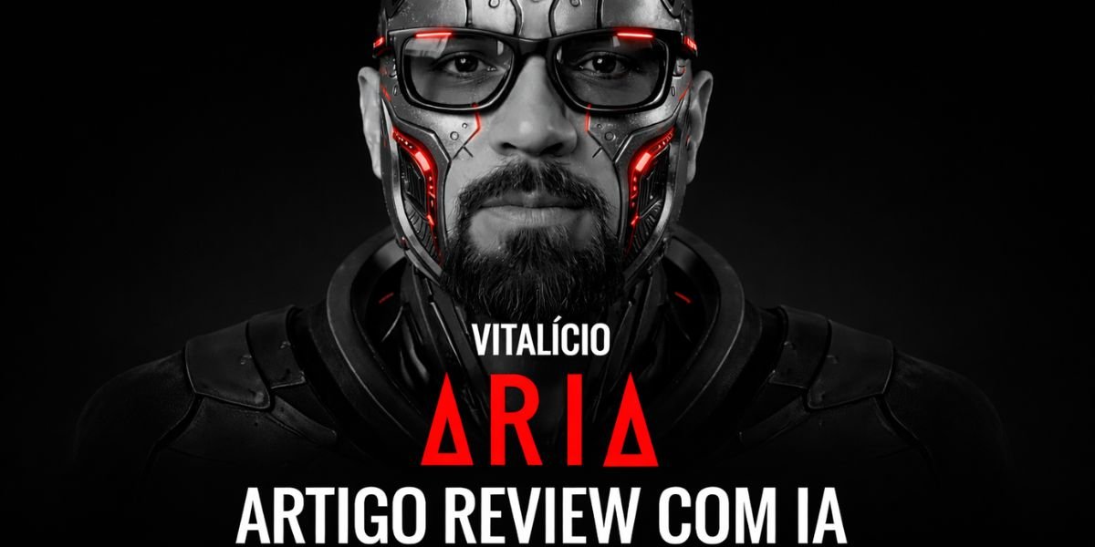 Retrato cyborg detalhado de um homem com óculos e barba, prótese facial metálica com luzes vermelhas, com o logotipo 'ARIA' vermelho e texto 'ARTIGO REVIEW COM IA' e 'VITALÍCIO' sobre fundo preto. Imagem promocional de curso de IA para conteúdo