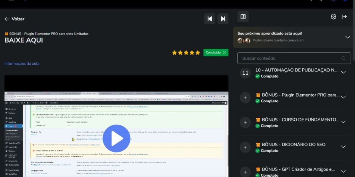 Painel de bônus do curso ARIA exibindo o download do plugin Elementor PRO e módulos extras de SEO.