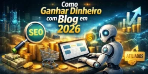 Ilustração futurista de um robô de inteligência artificial otimizando um blog de review para SEO e afiliados em 2026, cercado por moedas e gráficos de crescimento dourados. Título: Como Ganhar Dinheiro com Blog em 2026.