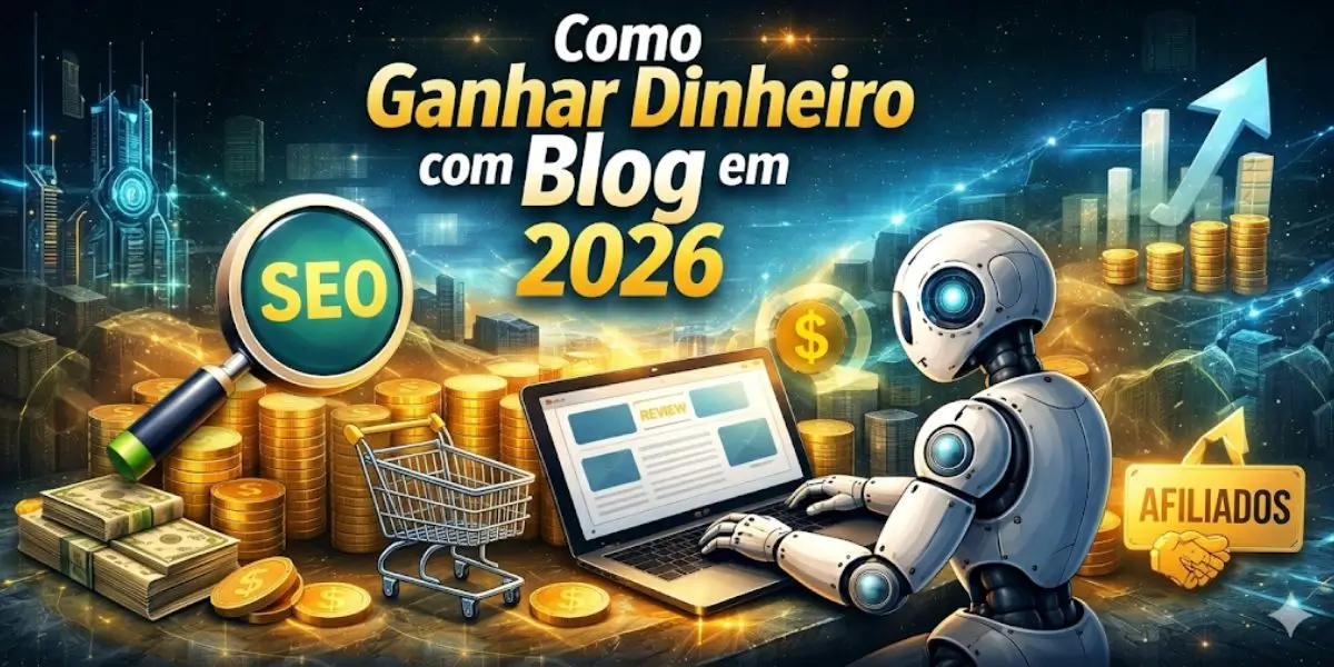 Ilustração futurista de um robô de inteligência artificial otimizando um blog de review para SEO e afiliados em 2026, cercado por moedas e gráficos de crescimento dourados. Título: Como Ganhar Dinheiro com Blog em 2026.