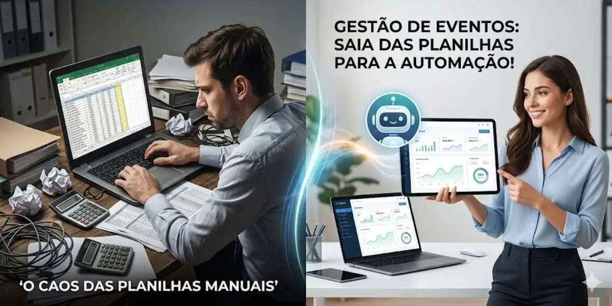 Comparação entre o caos da gestão financeira manual com planilhas de Excel e a eficiência de um painel inteligente de IA para organização de eventos.