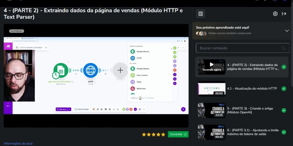 Painel da ferramenta Make sendo configurado em aula do curso ARIA para extração de dados via HTTP e planilhas.