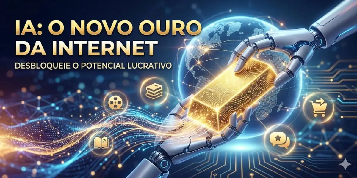 Imagem promocional estilo banner do produto IA O Novo Ouro da Internet, mostrando uma mão robótica segurando uma barra de ouro digital em um cenário tecnológico futurista com circuitos e ícones de conversão.