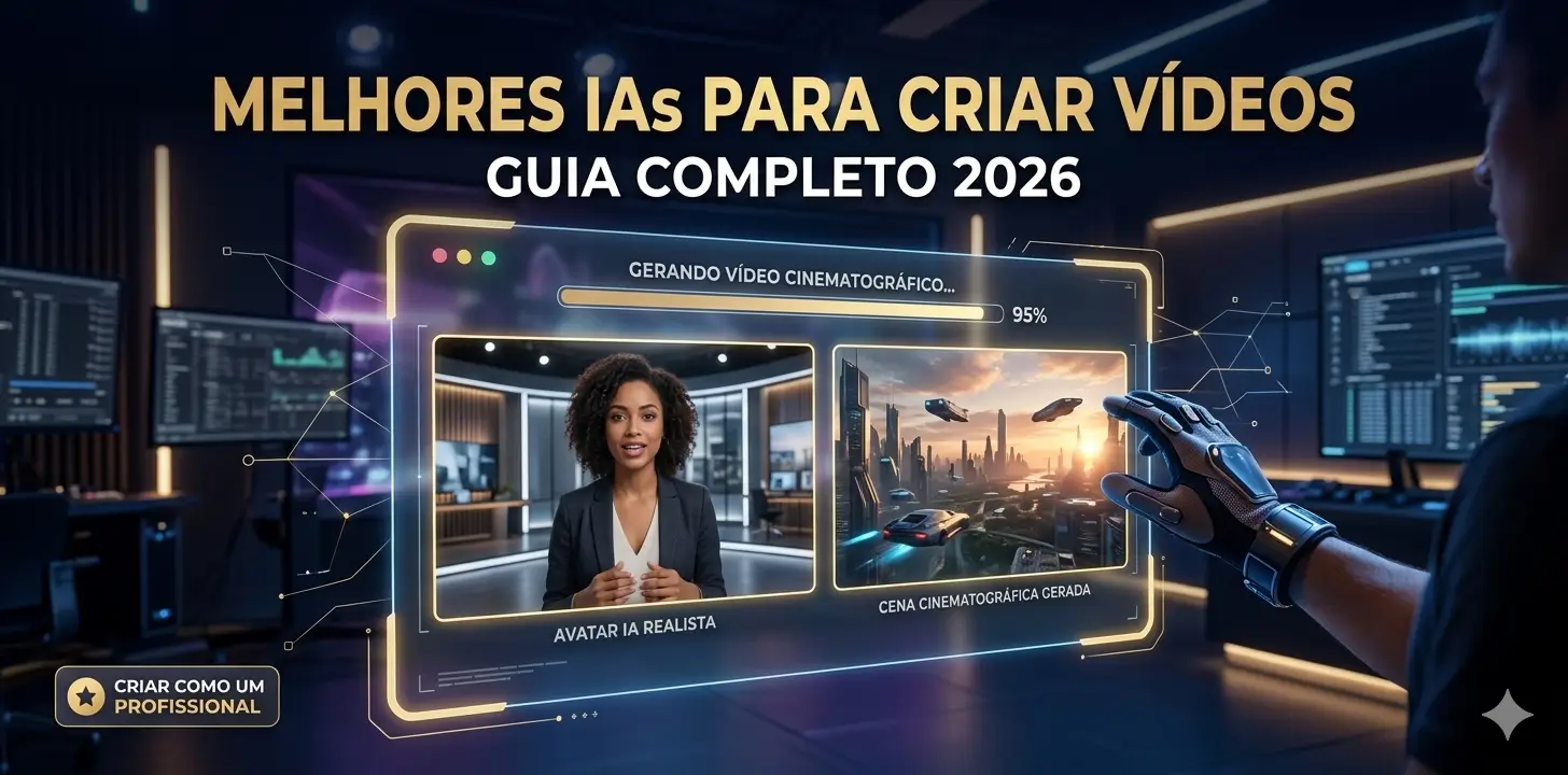 Interface digital moderna demonstrando melhores IAs para criar vídeos com avatares realistas e cenários cinematográficos.