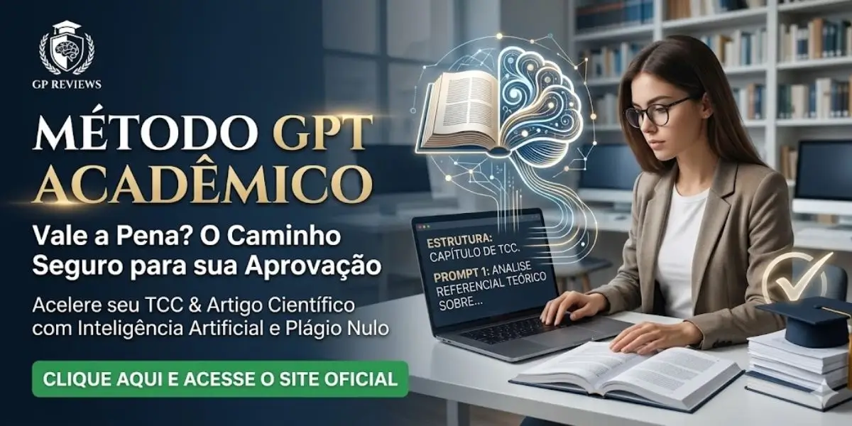 Mulher jovem em biblioteca usando notebook com gráficos de IA e texto sobre aprovação no Método GPT Acadêmico.