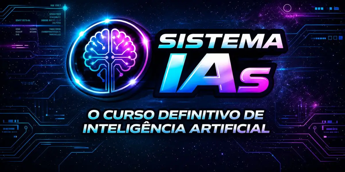 Logotipo do Curso Sistema IAs com o desenho de um cérebro tecnológico iluminado e o texto "O curso definitivo de inteligência artificial" em um fundo cibernético roxo e azul.